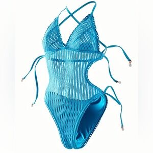 Isabella Rose Blue Crochet Women's One Piece Swimsuit vacation resort